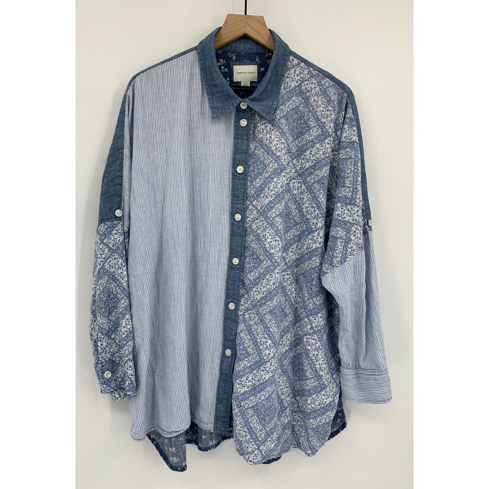 American Eagle Button Down Women Large Blue Patchwork Linen Blend Boho Denim